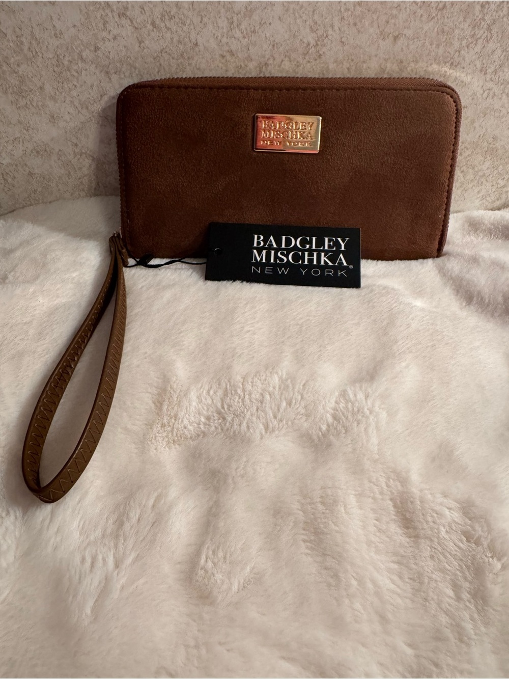 Badgley Mischka Brown Suede Wristlet Wallet with Gold Plaque